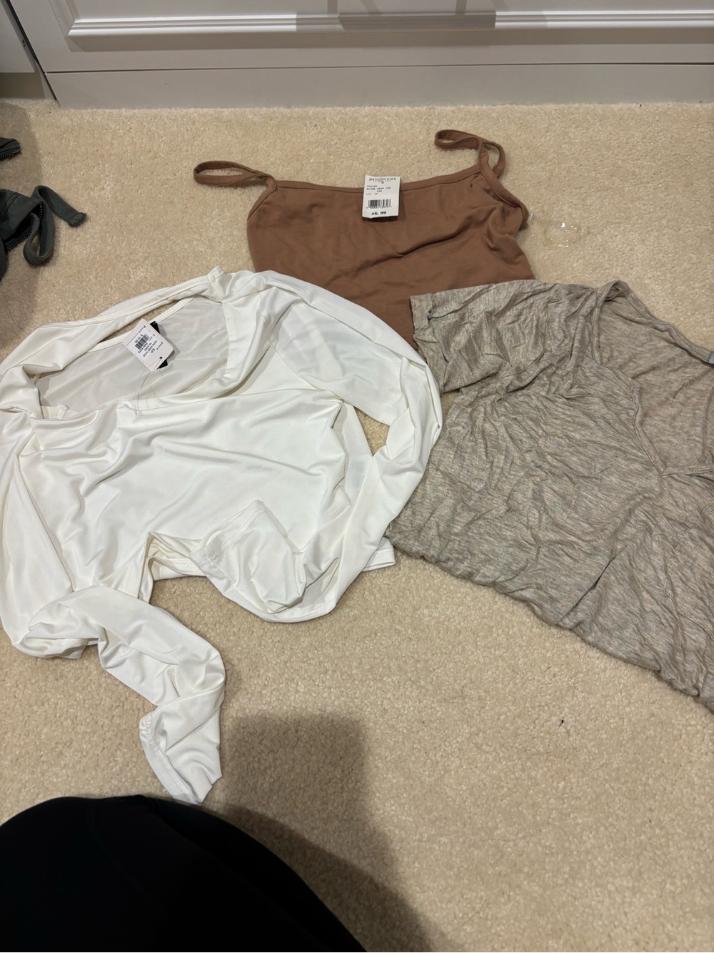 & Other Stories Brown Ribbed Camisole with White Draped Top and Beige Tee